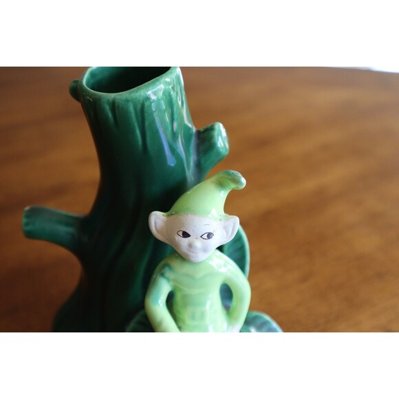 BROKEN Treasure Craft Vase Green Pixie Elf Sprite on Tree Vintage 1960s 5.7" - Picture 11 of 14
